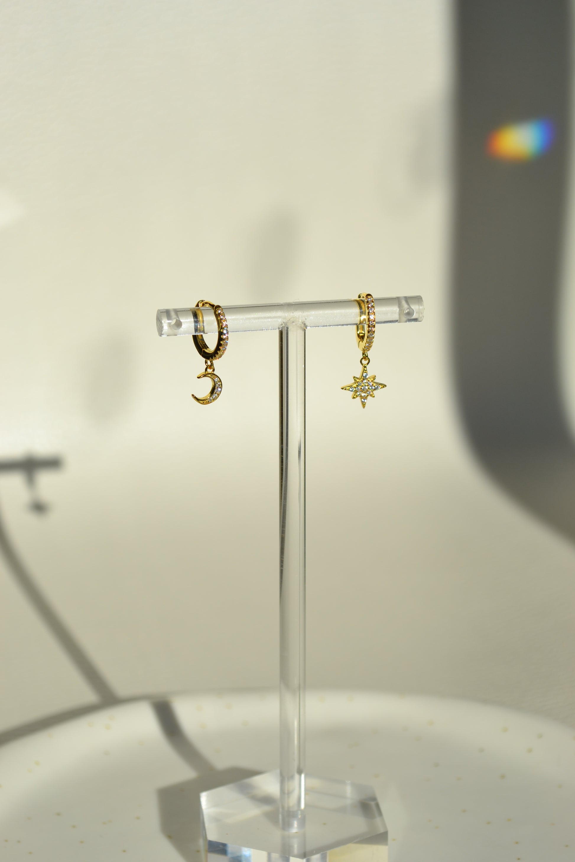 18k gold huggies drop star and moon earrings