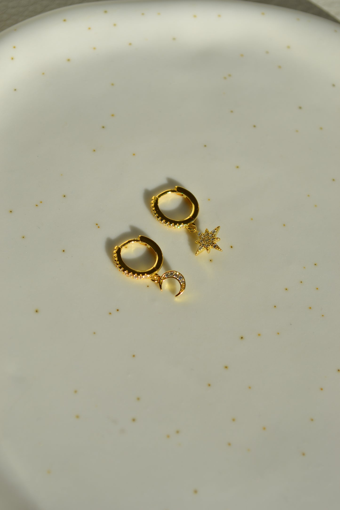 18k gold huggies drop star and moon earrings