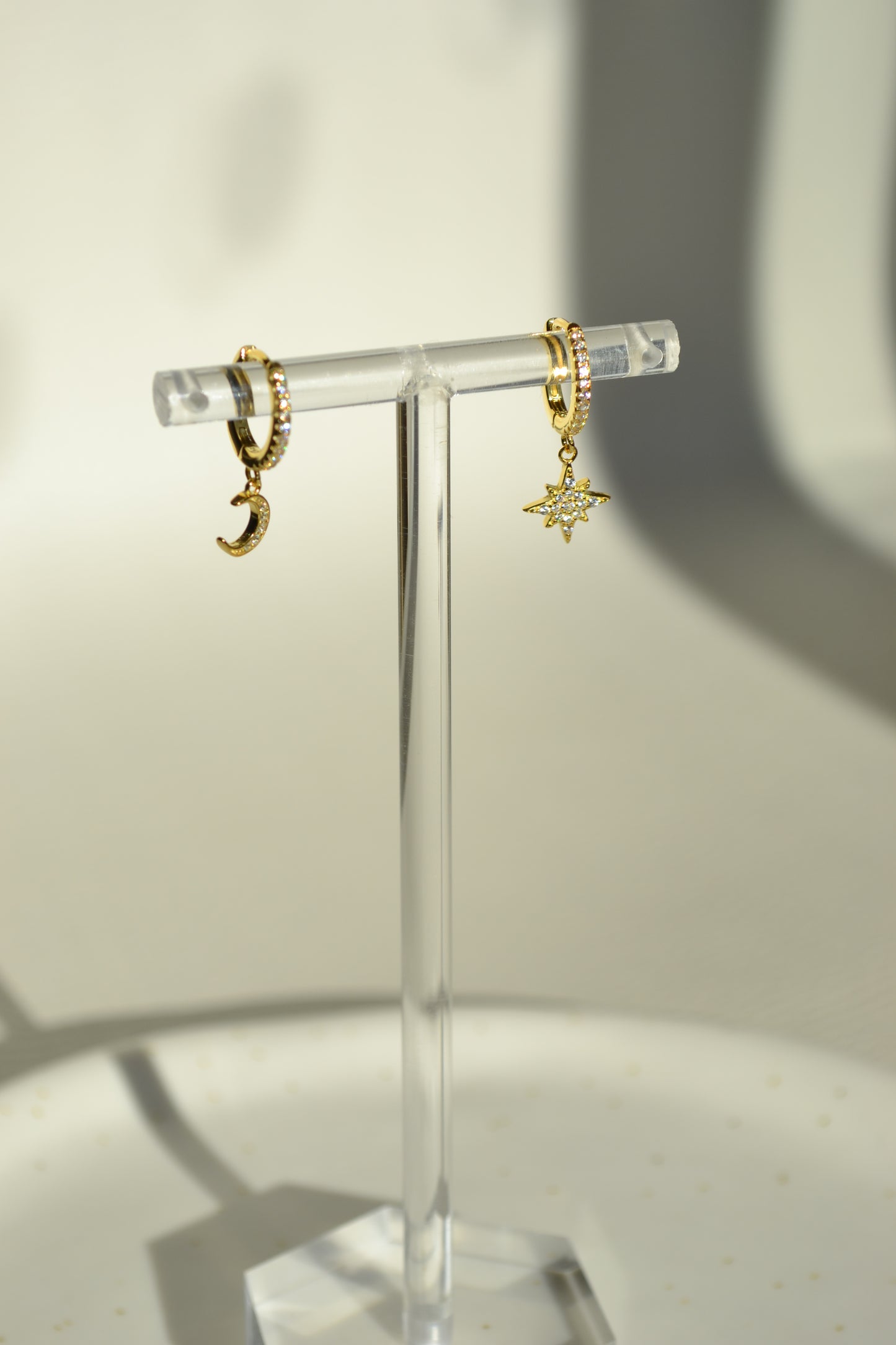 18k gold huggies drop mini star and moon earrings