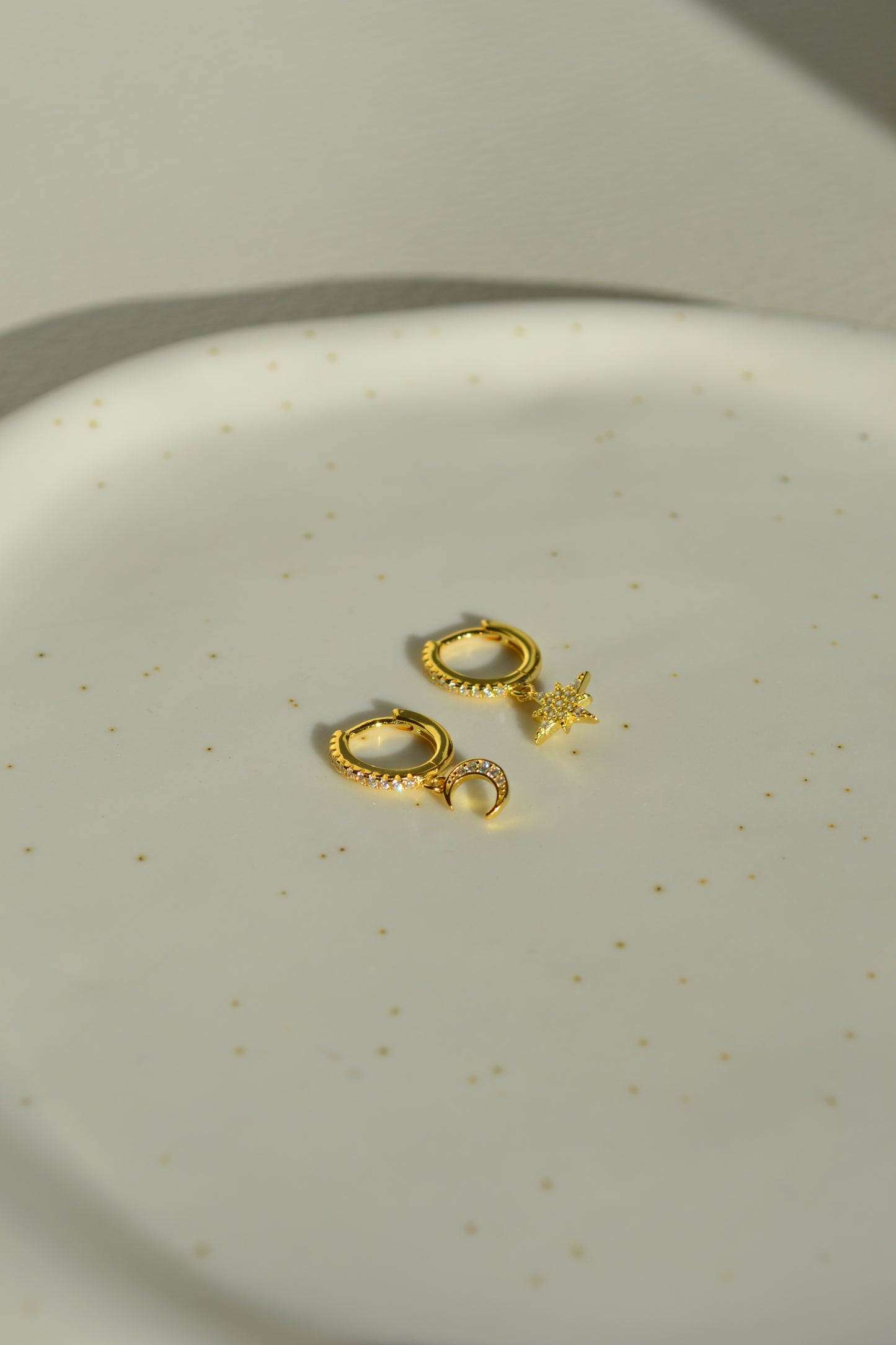 18k gold huggies drop mini star and moon earrings