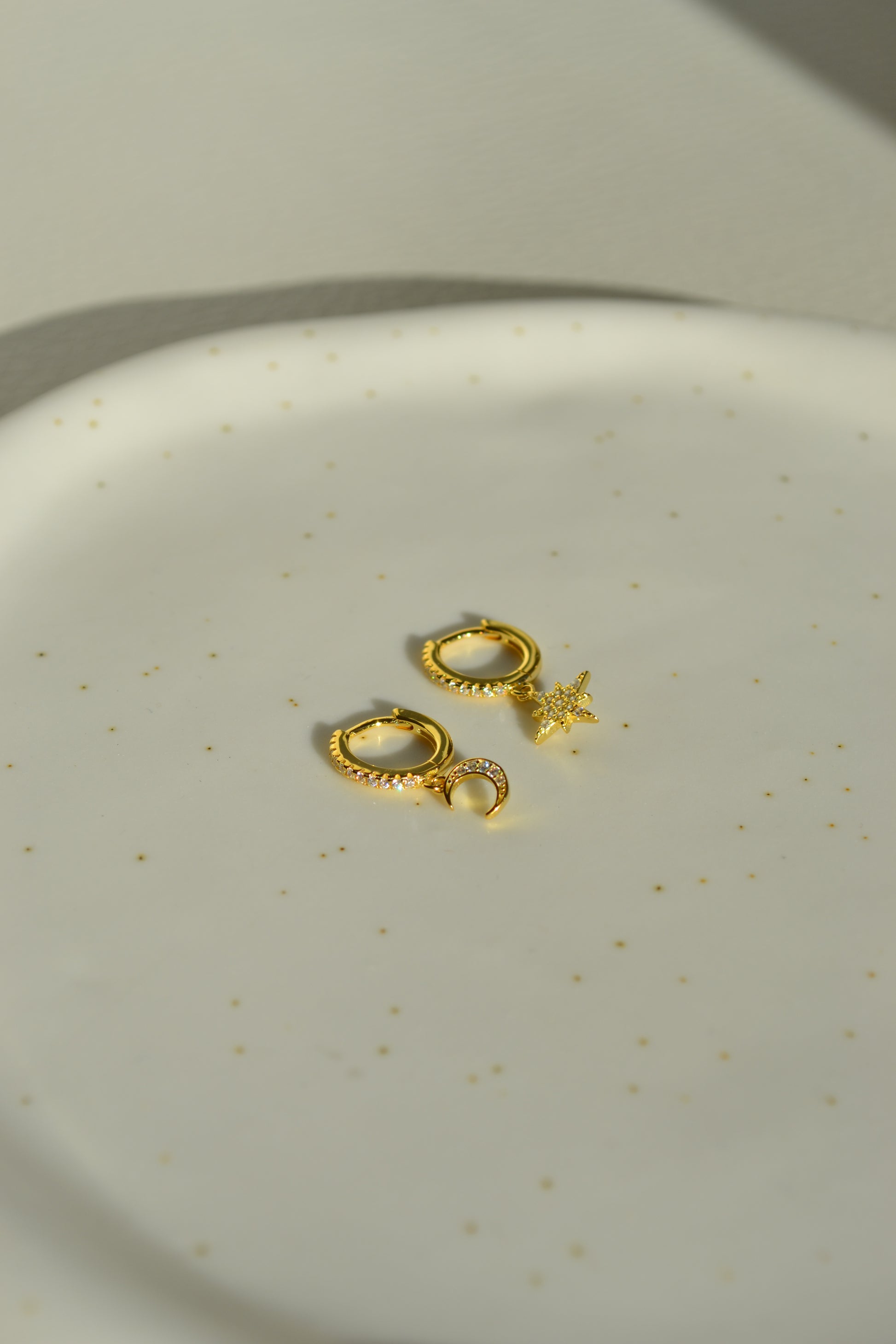 18k gold huggies drop mini star and moon earrings