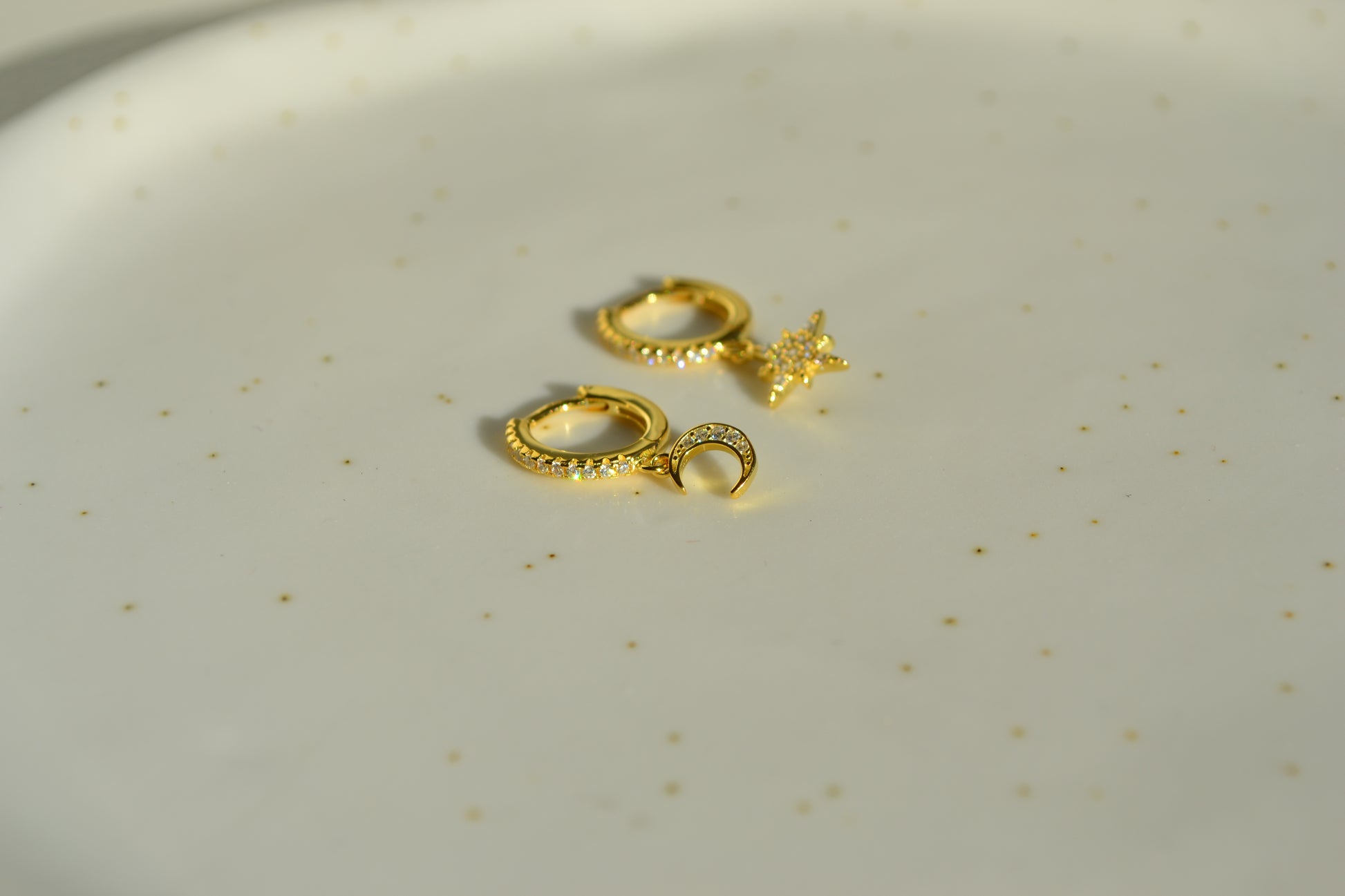 18k gold huggies drop mini star and moon earrings