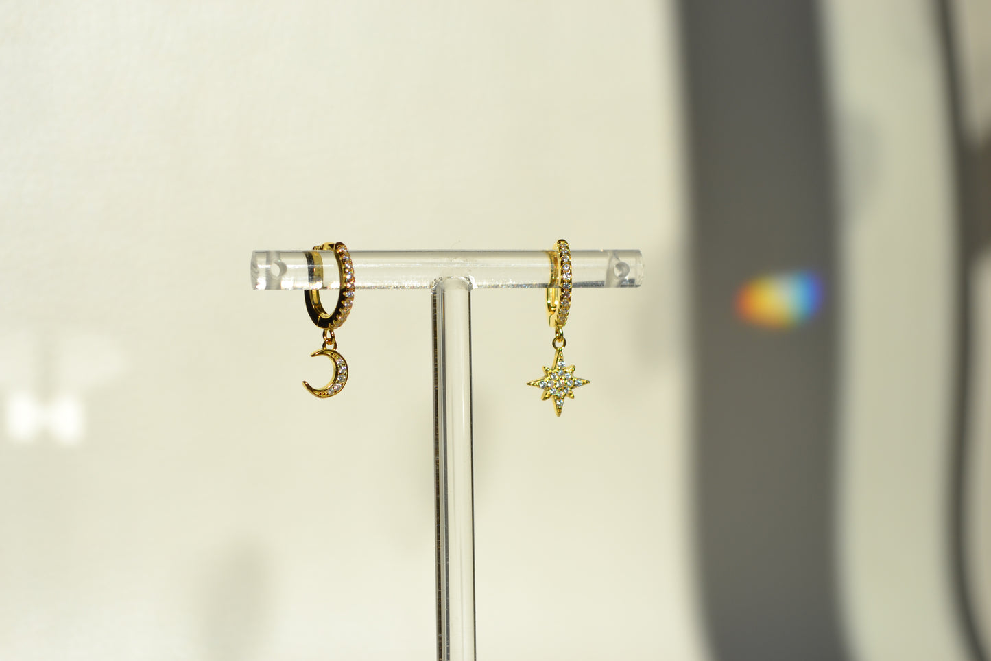 18k gold huggies drop mini star and moon earrings