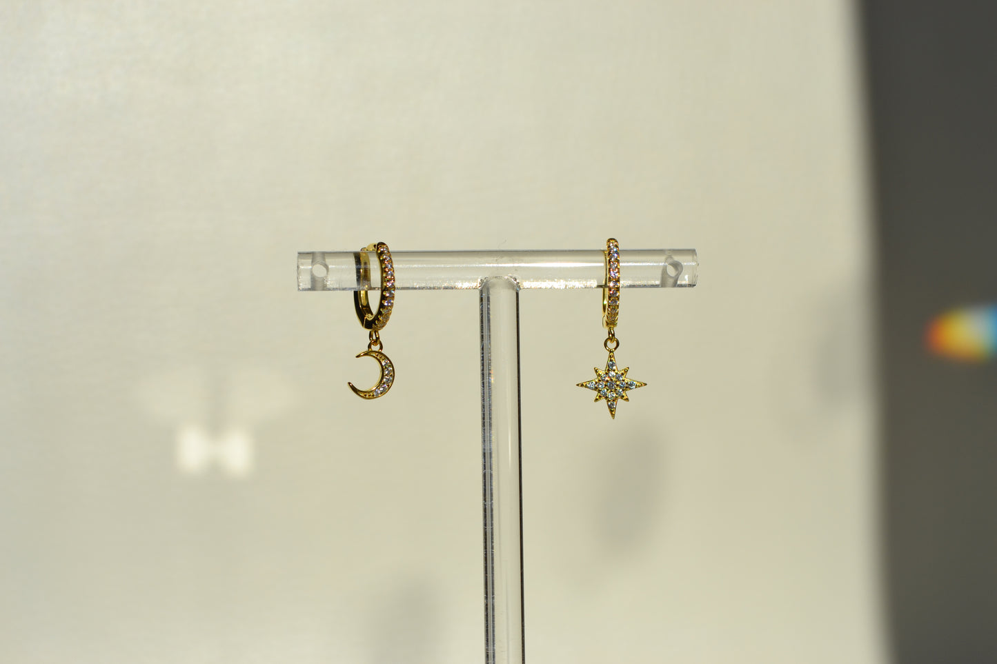 18k gold huggies drop mini star and moon earrings